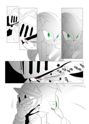 Size: 1440x2000 | Tagged: safe, artist:guitar_00000001, shadow the hedgehog, sonic the hedgehog, sonic and the black knight, 2025, armor, comic, duo, greyscale, hand on own face, korean text, looking at them, monochrome, one eye closed, simple background, sir lancelot, spot color, white background