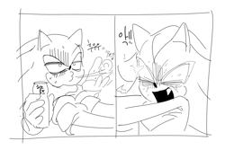 Size: 1981x1322 | Tagged: safe, artist:guitar_00000001, shadow the hedgehog, sonic the hedgehog, 2025, comic, duo, eyes closed, greyscale, korean text, monochrome, mouth open, simple background, sketch, speech bubble, strangling