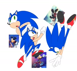 Size: 2000x1848 | Tagged: safe, artist:guitar_00000001, sonic the hedgehog, 2025, jumping, kingdom hearts, mickey mouse, mouth open, reading, reference inset, simple background, solo, white background