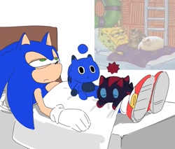 Size: 967x825 | Tagged: safe, artist:guitar_00000001, sonic the hedgehog, chao, 2025, bed, character chao, lidded eyes, lying back, lying down, reference inset, shadow chao, simple background, sonic chao, spongebob squarepants, spongebob squarepants (character), trio, white background