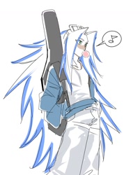 Size: 1002x1245 | Tagged: safe, artist:guitar_00000001, sonic the hedgehog, human, 2025, chewing gum, guitar case, humanized, simple background, solo, standing, white background