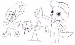 Size: 2048x1228 | Tagged: safe, artist:gabriel-grumbletoon, ian jr, 2023, balancing, bowtie, cap, chaos emerald, crocs, frown, hat, line art, male, monochrome, mouth open, simple background, smile, solo, solo male, standing, thousand yard stare, thumbs up, traffic cone, white background