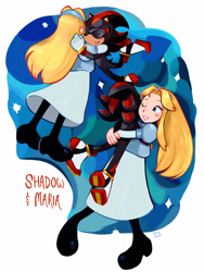 Size: 2048x2727 | Tagged: safe, artist:gabriel-grumbletoon, maria robotnik, shadow the hedgehog, hedgehog, human, sonic the hedgehog 3 (film), 2025, alternate view, carrying them, character name, duo, eyes closed, female, hugging, male, one eye closed, smile, standing, text