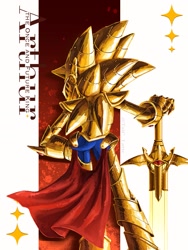 Size: 1509x2012 | Tagged: safe, artist:taic_latte, sonic the hedgehog, hedgehog, sonic and the black knight, 2026, abstract background, english text, excalibur sonic, knight armor, male, pose, solo, sword, weapon