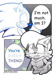Size: 1536x2048 | Tagged: safe, artist:martudoodlez, sally acorn, sonic the hedgehog, chipmunk, hedgehog, 2026, comic, dialogue, duo, english text, sally x sonic, sally's ringblader outfit, shipping, speech bubble, straight, tears, wip