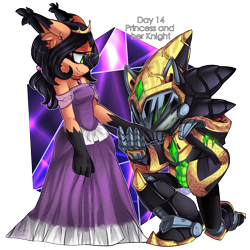Size: 1200x1200 | Tagged: safe, artist:galaxynite, nicole the hololynx, shard the metal, lynx, sonic and the black knight, 2017, alternate outfit, crown, dress, guinier, hololynx, knight armor, robot, shardicole, shipping, sir caradoc, straight