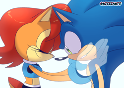 Size: 1304x928 | Tagged: safe, sally acorn, sonic the hedgehog, chipmunk, hedgehog, 2024, duo, hand on cheek, looking at viewer, sally x sonic, sally's ringblader outfit, shipping, simple background, straight