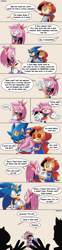 Size: 1350x5412 | Tagged: safe, artist:risziarts, amy rose, sally acorn, sonic the hedgehog, chipmunk, hedgehog, 2023, bag, comic, english text, female, hugging, king sonic, male, queen sally acorn, running, sally x sonic, shipping, simple background, speech bubble, straight, trio, waving
