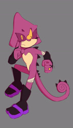 Size: 1763x3072 | Tagged: safe, artist:shadpiokisses, espio the chameleon, 2025, alternate outfit, arm warmers, bandage, boots, chameleon, clenched fist, eyelashes, frown, grey background, looking at viewer, male, one eye closed, posing, purple sclera, ring (jewelry), simple background, solo, solo male