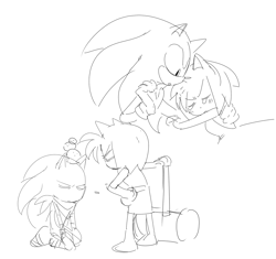 Size: 1863x1749 | Tagged: safe, artist:guitar_00000001, amy rose, sonic the hedgehog, 2025, crying, duo, greyscale, injured, looking at them, monochrome, piko piko hammer, simple background, sketch, sonic boom (tv), speech bubble, standing, tears