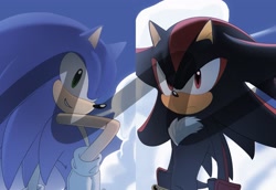Size: 2133x1464 | Tagged: safe, artist:guitar_00000001, shadow the hedgehog, sonic the hedgehog, 2025, clouds, duo, looking at viewer, smile, standing