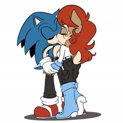 Size: 2048x2048 | Tagged: safe, artist:butterrrmoth, sally acorn, sonic the hedgehog, chipmunk, hedgehog, 2023, alternate outfit, bare chest, clothes, duo, eyes closed, female, holding hands, kiss, male, pants, sally x sonic, shipping, shirt, simple background, standing, straight, white background