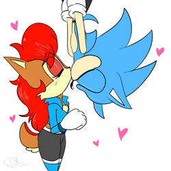 Size: 2000x2000 | Tagged: safe, artist:yoshiyoshi700, sally acorn, sonic the hedgehog, chipmunk, hedgehog, 2020, artist signature, crossover, duo, eyes closed, female, heart, kiss, male, sally x sonic, sally's ringblader outfit, shipping, simple background, spiderman, straight, upside down, white background