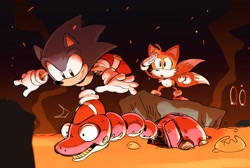 Size: 1790x1206 | Tagged: safe, artist:thomas_rsvd, miles "tails" prower, sonic the hedgehog, fox, hedgehog, sonic the hedgehog 2, badnik, classic sonic, classic sonic (universe), classic tails, duo, lava, looking at them, male, mouth open, ring, robot, smile, standing, standing on one leg