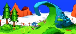 Size: 1634x740 | Tagged: safe, artist:thomas_rsvd, sonic the hedgehog, hedgehog, hill top zone, sonic the hedgehog 2, 2022, classic sonic, classic sonic (universe), daytime, grass, male, outdoors, ring, running, solo, tree
