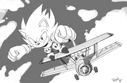 Size: 2035x1337 | Tagged: safe, artist:thomas_rsvd, miles "tails" prower, sonic the hedgehog, super sonic, fox, hedgehog, sonic the hedgehog 2, 2019, aircraft, airplane, biplane, classic sonic, classic sonic (universe), classic tails, clenched fists, daytime, duo, frown, greyscale, looking at them, looking at viewer, male, monochrome, mouth open, smile, super form, tornado i, vehicle