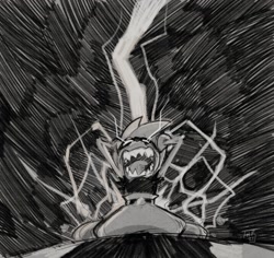 Size: 1832x1733 | Tagged: safe, artist:thomas_rsvd, surge the tenrec, tenrec, 2021, arms behind head, electricity, female, greyscale, idw sonic the hedgehog, kneeling, monochrome, mouth open, sharp teeth, sketch, solo