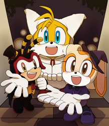 Size: 1223x1406 | Tagged: safe, artist:panamo_games, charmy bee, cream the rabbit, miles "tails" prower, bee, fox, rabbit, blushing, female, halloween, hat, looking at viewer, male, mouth open, smile, standing, trio