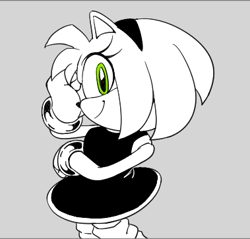 Size: 379x362 | Tagged: safe, artist:panamona, amy rose, hedgehog, 2026, female, grey background, greyscale, looking at viewer, monochrome, simple background, smile, solo, spot color
