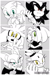 Size: 1280x1920 | Tagged: safe, artist:panamona, amy rose, blaze the cat, rouge the bat, shadow the hedgehog, silver the hedgehog, sonic the hedgehog, 2026, female, grey background, greyscale, group, looking at viewer, male, monochrome, mouth open, simple background, smile, spot color