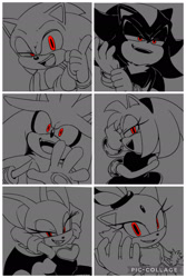 Size: 1280x1920 | Tagged: safe, artist:panamona, amy rose, blaze the cat, rouge the bat, shadow the hedgehog, silver the hedgehog, sonic the hedgehog, alternate eye color, female, grey background, greyscale, group, looking at viewer, male, monochrome, mouth open, red eyes, simple background, smile, spot color