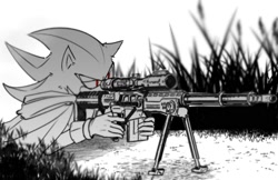 Size: 1575x1020 | Tagged: safe, artist:nahandraw, shadow the hedgehog, hedgehog, 2026, grass, greyscale, gun, holding something, lidded eyes, lying down, lying on front, male, monochrome, outdoors, rifle, simple background, sniper rifle, solo, spot color, weapon, white background