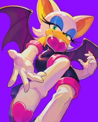Size: 1048x1302 | Tagged: safe, artist:brushteethjaxx, rouge the bat, bat, female, from below, heart, looking at viewer, purple background, reaching out, reaching towards the viewer, simple background, smile, solo