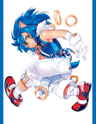 Size: 700x900 | Tagged: safe, artist:girutea, sonic the hedgehog, human, 2017, adventure pose, anime, belt, border, clothes, gloves, humanized, jacket, looking at viewer, male, pants, partially humanized, posing, ring, shoes, simple background, smile, smiling at viewer, solo, species swap, white background