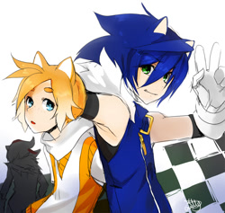 Size: 900x854 | Tagged: safe, artist:girutea, miles "tails" prower, shadow the hedgehog, sonic the hedgehog, human, 2012, anime, checkered flag, clothes, duo focus, eye clipping through hair, flag, freckles, humanized, jacket, looking at viewer, male, mouth open, partially humanized, signature, smile, smiling at viewer, species swap, trio, v sign