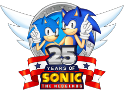 Size: 1280x960 | Tagged: safe, artist:joyoiyoi, sonic the hedgehog, hedgehog, 2016, alternate eye color, anniversary, banner, classic sonic, duo, english text, eye contacts, grey eyes, headcanon, looking at viewer, male, pointing, redraw, self paradox, simple background, smile, smiling at viewer, sonic generations, star (symbol), text, transparent background, wagging finger