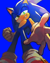 Size: 1048x1302 | Tagged: safe, artist:brushteethjaxx, sonic the hedgehog, hedgehog, blue background, clenched fist, from below, grin, lidded eyes, looking at viewer, male, reaching out, reaching towards the viewer, simple background, smile, solo, standing