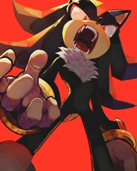 Size: 1048x1302 | Tagged: safe, artist:brushteethjaxx, shadow the hedgehog, hedgehog, fangs, from below, looking at viewer, male, mouth open, red background, sharp teeth, simple background, solo, standing, teeth