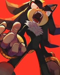 Size: 1048x1302 | Tagged: safe, artist:brushteethjaxx, shadow the hedgehog, hedgehog, fangs, from below, looking at viewer, male, mouth open, red background, sharp teeth, simple background, solo, standing, teeth