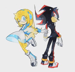 Size: 1477x1409 | Tagged: safe, artist:brushteethjaxx, maria robotnik, shadow the hedgehog, hedgehog, boots, dress, duo, female, looking at viewer, male, mobianified, simple background, smile, standing, white background