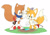 Size: 1024x713 | Tagged: safe, artist:xxlovelyrose95xx, miles "tails" prower, oc, oc:scurry the squirrel, fox, squirrel, 2026, :o, bandana, boots, chaos emerald, dirt, duo, flat colors, gilet, gloves, grass, holding something, kneeling, looking at something, male, mouth open, ocbetes, open smile, shoes, shovel, simple background, smile, standing, tailabetes, white background