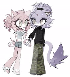Size: 2296x2491 | Tagged: safe, artist:renstuff, amy rose, blaze the cat, cat, hedgehog, alternate hairstyle, alternate outfit, amy x blaze, blushing, duo, female, holding hands, lesbian, looking at each other, looking at them, pants, shipping, shorts, simple background, smile, standing, white background