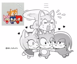Size: 2045x1700 | Tagged: safe, artist:sk_rokuro, amy rose, knuckles the echidna, miles "tails" prower, sonic the hedgehog, echidna, fox, hedgehog, amy x knuckles x sonic, amy x sonic, carrying them, chibi, cute, female, flying, gay, greyscale, group, heart, holding hands, knuxonic, lidded eyes, looking at each other, looking at them, male, monochrome, polyamory, reference inset, shipping, simple background, smile, straight, white background