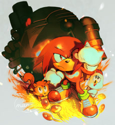 Size: 1000x1094 | Tagged: safe, artist:nekosoul_kobo, eggrobo, knuckles the echidna, ricky, echidna, squirrel, 2026, ambiguous gender, blaster, chicken, classic knuckles, classic sonic (universe), clenched fists, cucky, from above, frown, glowing eyes, grey background, group, holding something, male, mouth open, robot, signature, simple background, sonic and knuckles (1994), standing, weapon
