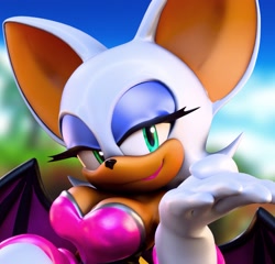 Size: 1755x1687 | Tagged: safe, artist:hunicrio, rouge the bat, bat, 2026, 3d, cleavage, clothes, daytime, eyelashes, female, lidded eyes, outdoors, smile, smiling at viewer, solo