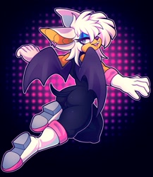 Size: 1781x2048 | Tagged: suggestive, artist:cookiethecabbit, rouge the bat, oc, oc:rogue the bat (nikkikaji), bat, 2026, alternate hairstyle, bulge, butt, clothes, ear piercing, earring, eyelashes, fangs, femboy, from behind, hair over one eye, lidded eyes, looking back, male, mouth open, open smile, outline, smile, solo, treads