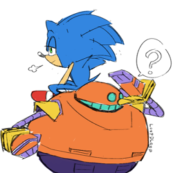 Size: 828x829 | Tagged: safe, artist:loopd33loop, egg pawn, sonic the hedgehog, hedgehog, duo, lidded eyes, male, question mark, robot, simple background, sitting, sitting on them, white background