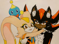 Size: 900x670 | Tagged: safe, artist:cynderprime, cheese (chao), cream the rabbit, shadow the hedgehog, chao, hedgehog, rabbit, 2022, agender, ear fluff, eyelashes, fangs, female, fingerless gloves, gradient background, he asked for no pickles, holding each other, hugging, male, meme, mouth open, neutral chao, open smile, smile, standing, traditional media, trio