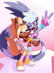 Size: 2048x2731 | Tagged: safe, artist:buddyhyped, tangle the lemur, whisper the wolf, lemur, wolf, 2026, carrying them, clothes, crop top, duo, eyes closed, fangs, female, fingerless gloves, fishnets, lesbian, lesbian pride, lesbian tangle, lesbian whisper, looking at viewer, midriff, mouth open, one fang, open smile, pride, pride clothes, pride flag, shipping, shoes, shorts, smile, standing, tangle x whisper, v sign, wink