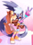 Size: 2048x2731 | Tagged: safe, artist:buddyhyped, tangle the lemur, whisper the wolf, lemur, wolf, 2026, carrying them, clothes, crop top, duo, eyes closed, fangs, female, fingerless gloves, fishnets, lesbian, lesbian pride, lesbian tangle, lesbian whisper, looking at viewer, midriff, mouth open, one fang, open smile, pride, pride clothes, pride flag, shipping, shoes, shorts, smile, standing, tangle x whisper, v sign, wink