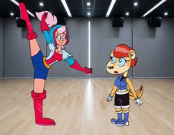 Size: 1280x989 | Tagged: safe, artist:lubamatusevich, sally acorn, chipmunk, human, azalia kochurova, birthday, birthday gift art, brawl stars, crossover, duo female, female, janet (brawl stars), procreate, smile, supercell, surprised