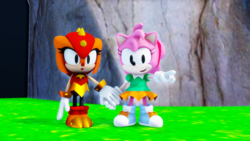 Size: 1920x1080 | Tagged: safe, artist:sab64, artist:sahanovazamat, amy rose, trip the sungazer, hedgehog, lizard, 2024, 3d, :o, chao garden, classic amy, daytime, duo, grass, holding hands, mouth open, open smile, outdoors, pointing, smile, standing