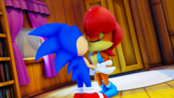Size: 2560x1440 | Tagged: safe, artist:desperative, artist:jcthornton, artist:sab64, artist:sahanovazamat, sally acorn, sonic the hedgehog, chipmunk, hedgehog, 2026, 3d, carpet, curtain, daytime, duo, eyes closed, female, holding hands, indoors, kiss, kiss on lips, male, sally x sonic, shipping, sonic satam, straight, window