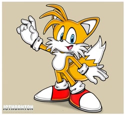 Size: 1211x1114 | Tagged: safe, artist:jcthornton, miles "tails" prower, fox, sonic heroes, 2026, beige background, border, male, mouth open, open smile, redraw, signature, simple background, smile, smiling at viewer, solo, style emulation, uekawa style