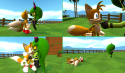 Size: 2052x1204 | Tagged: safe, artist:newthomasfan89, miles "tails" prower, zeena, fox, zeti, green hill zone, 2017, 3d, age difference, clouds, comic, daytime, duo, female, fence, grass, kiss, kiss on lips, lying down, male, orange brown checkerboard, outdoors, palm tree, standing, surprise kiss, surprised, tails x zeena, tree, walking