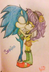Size: 400x582 | Tagged: safe, artist:sessipikachu, mina mongoose, sonic the hedgehog, hedgehog, mongoose, 2015, duo, eyes closed, female, holding each other, hugging, kiss, kiss on lips, lidded eyes, male, mina x sonic, ship name, shipping, signature, simple background, standing, straight, text, traditional media